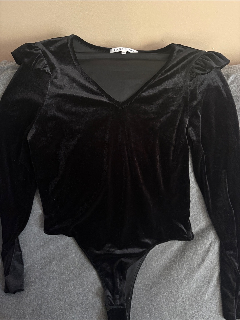 Celebrity Pink Black Velvet V-Neck Long Sleeve Bodysuit with Puff Shoulders